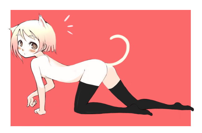 oza watto, bad id, bad pixiv id, 1girl, all fours, animal ears, arm support, ass, bent over, cat ears, cat tail, female focus, flat chest, full body, nude, solo, tail, thighhighs
