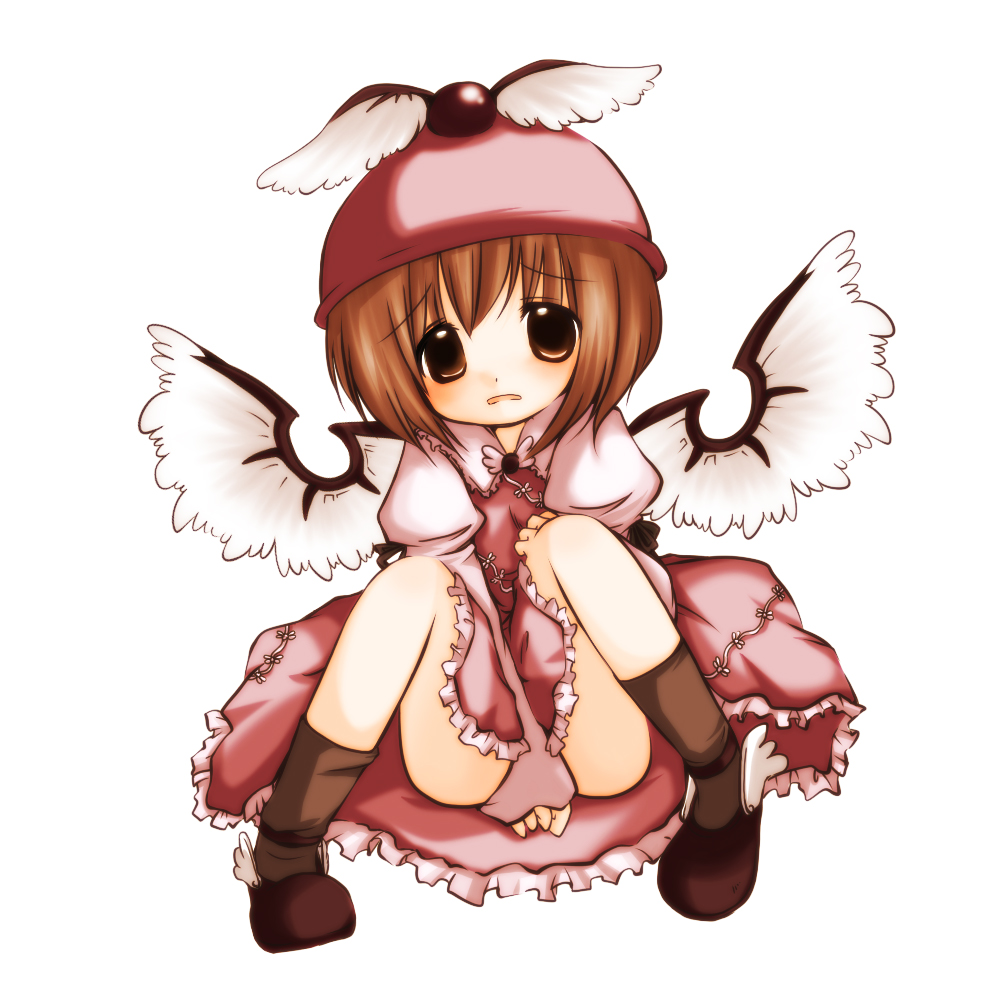 futami yayoi, mystia lorelei, touhou, 1girl, between legs, brown eyes, brown hair, brown socks, covering crotch, covering privates, female focus, full body, hand between legs, hat, head tilt, kneehighs, looking at viewer, marble (toy), sad, shoes, short hair, simple background, socks, solo, white background, wings