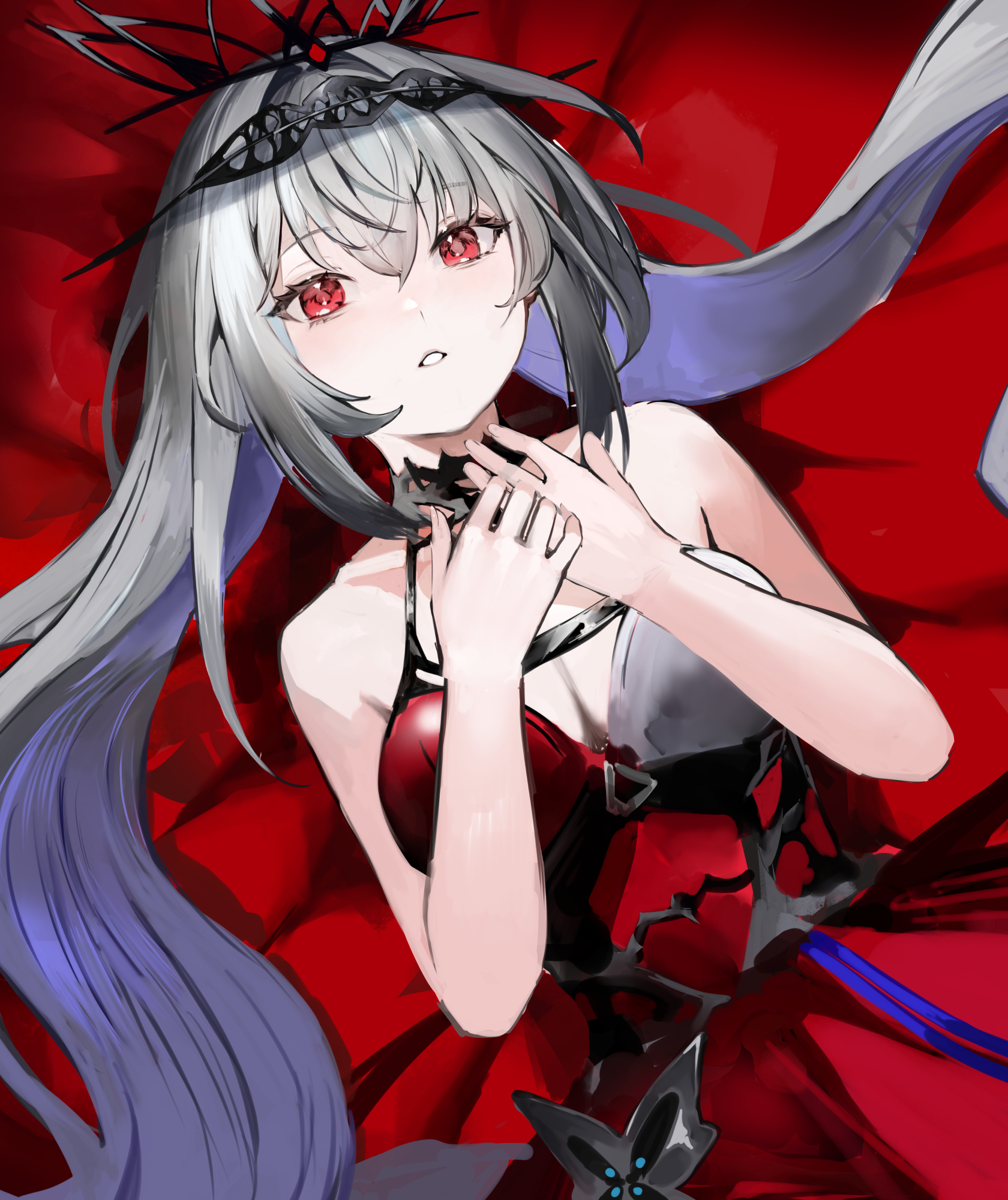 s 4ik4, skadi (arknights), skadi the corrupting heart (arknights), skadi the corrupting heart (red countess) (arknights), arknights, on blanket, highres, 1girl, bare shoulders, blanket, breasts, cleavage, crown, dress, grey hair, hair between eyes, hair ornament, halter dress, halterneck, long hair, looking at viewer, lying, official alternate costume, parted lips, red dress, red eyes, ribbon, sleeveless, sleeveless dress, solo, strap, upper body, very long hair