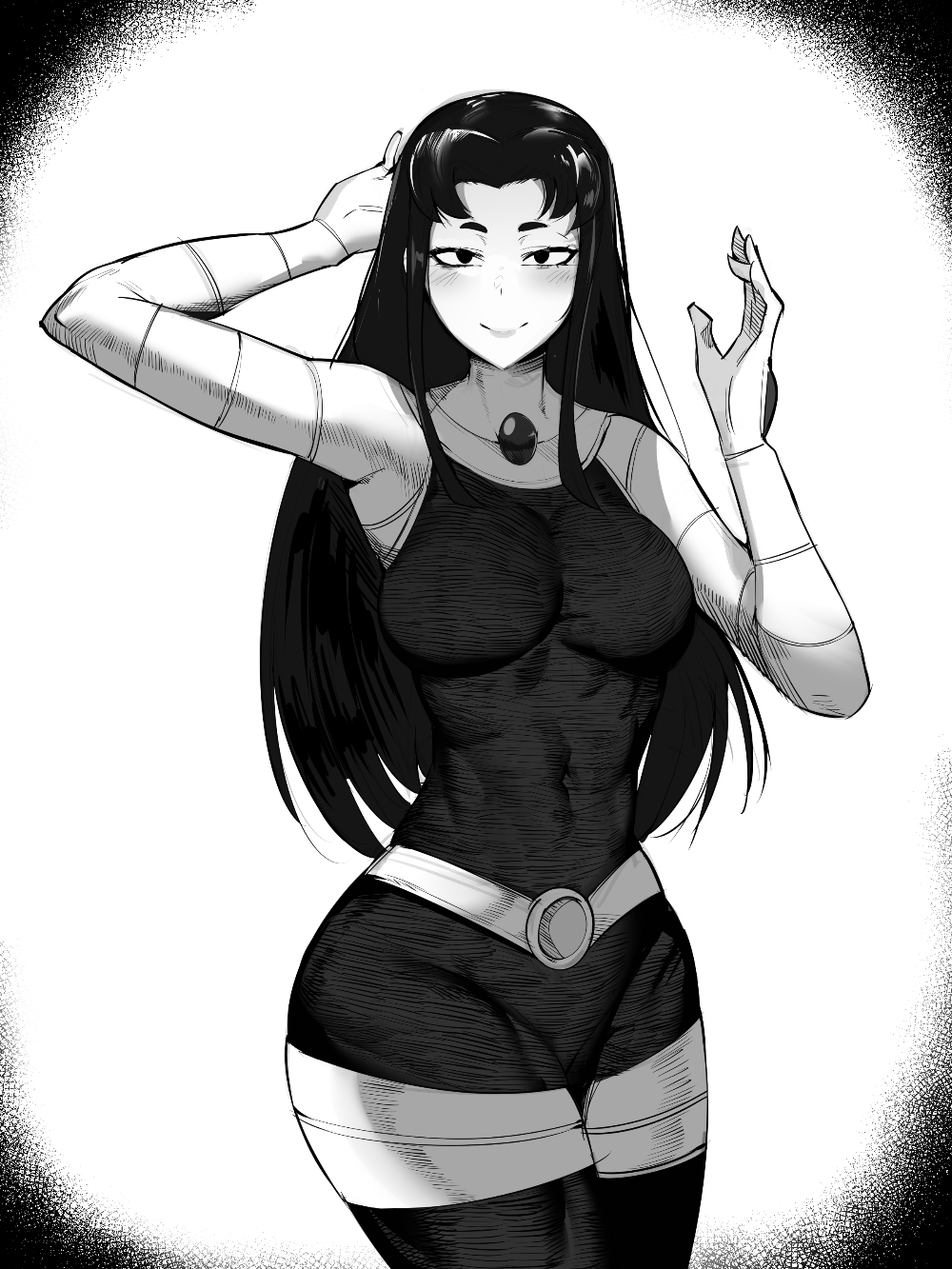 dr octojuice, blackfire, dc comics, teen titans, 1girl, abs, alien, belt, black eyes, black hair, black thighhighs, blush, breasts, jewelry, large breasts, long hair, muscular, muscular female, navel, skin tight, smile, thick thighs, thighhighs, thighs