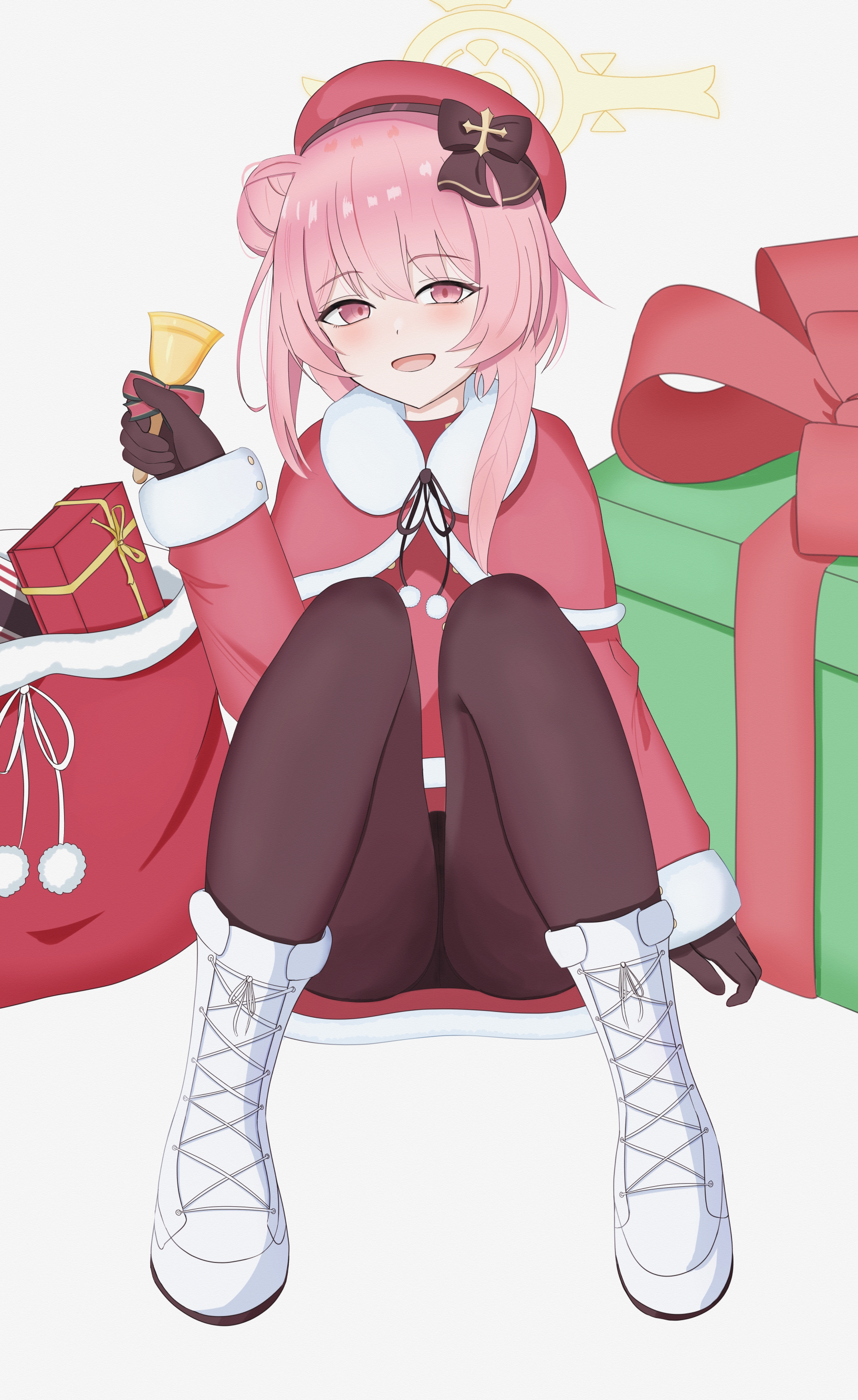 montsuko, serina (blue archive), serina (christmas) (blue archive), blue archive, absurdres, commentary, highres, :d, arm at side, bell, beret, black bow, black gloves, black pantyhose, blush, boots, bow, capelet, christmas present, dress, feather hair, full body, fur-trimmed capelet, fur-trimmed dress, fur trim, gift, gift bag, gloves, hair bun, halo, hand up, handbell, hat, hat bow, holding, holding bell, lace-up boots, long sleeves, looking at viewer, m legs, medium hair, official alternate costume, official alternate hairstyle, open mouth, panties, panties under pantyhose, pantyhose, pink eyes, pink hair, red capelet, red dress, red hat, santa costume, santa dress, simple background, single side bun, sitting, smile, spread legs, tsurime, underwear, white background, white boots, wide sleeves, yellow halo