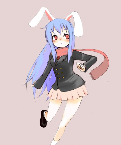 oza watto, reisen udongein inaba, touhou, bad id, bad pixiv id, 1girl, animal ears, blue hair, female focus, rabbit ears, red eyes, scarf, simple background, skirt, solo