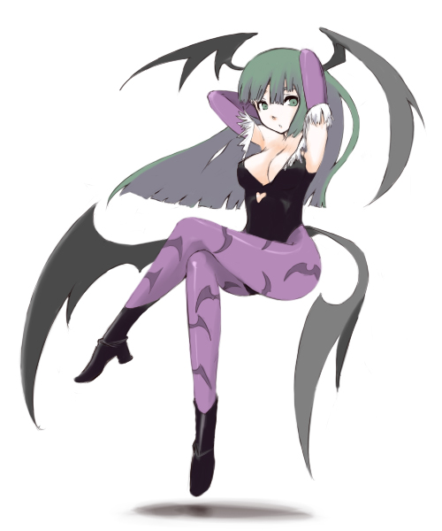 oza watto, morrigan aensland, capcom, darkstalkers, bad id, bad pixiv id, 1girl, animal print, bat print, boots, breasts, demon girl, elbow gloves, female focus, gloves, green eyes, green hair, head wings, large breasts, matching hair/eyes, pantyhose, patterned legwear, print pantyhose, purple pantyhose, simple background, solo, wings