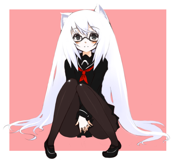 oza watto, original, animal ears, black theme, blush, cat ears, glasses, long hair, pantyhose, school uniform, serafuku, simple background, solo, white hair
