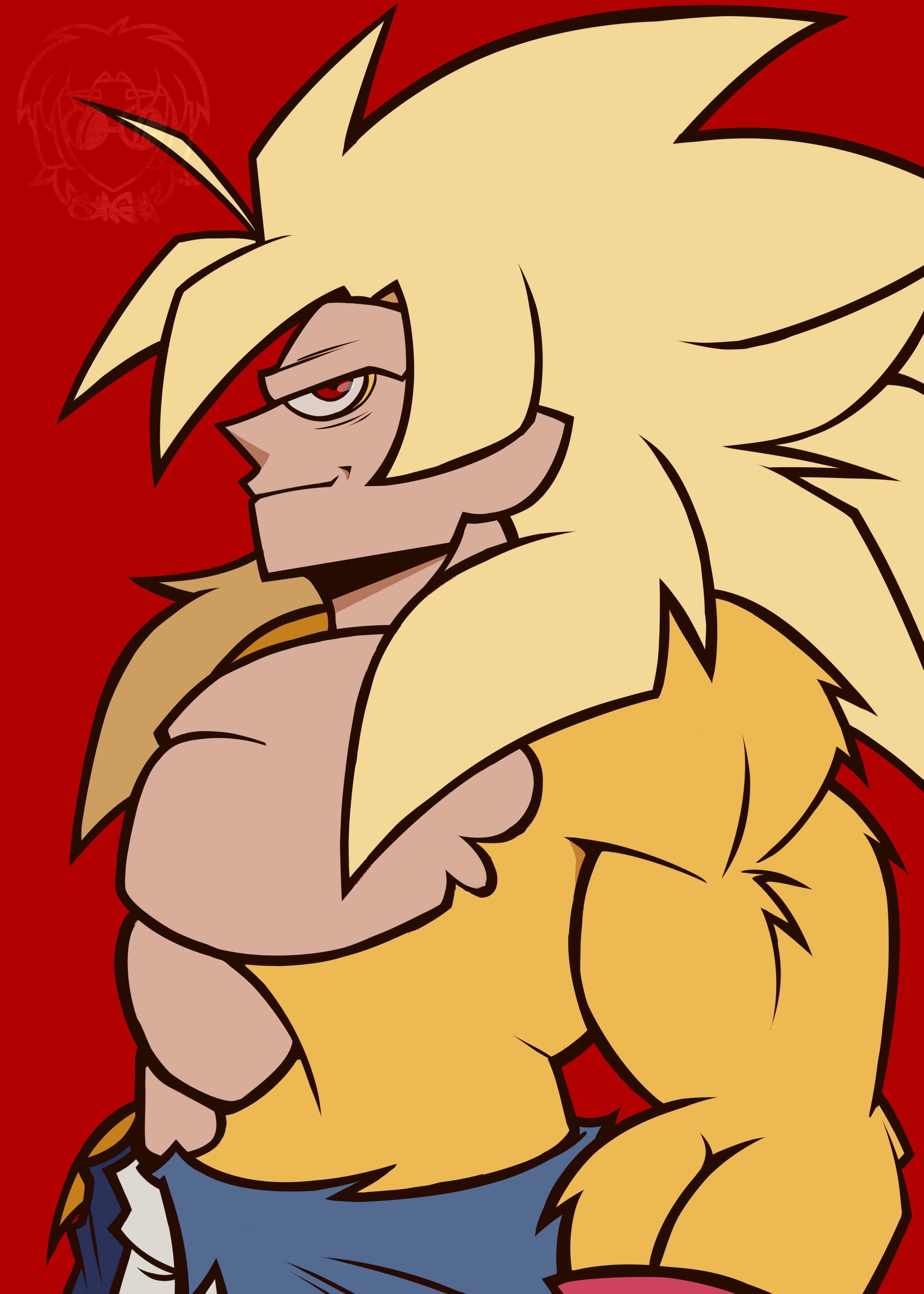 son goku, dragon ball af, absurdres, highres, tagme, abs, blonde hair, daz matryoshka, from side, large pectorals, long hair, looking at viewer, muscular, muscular male, pants, pectorals, red eyes, sidelocks, sirs a g a, super saiyan, super saiyan 4, torn clothes, white pants, wristband, yellow fur