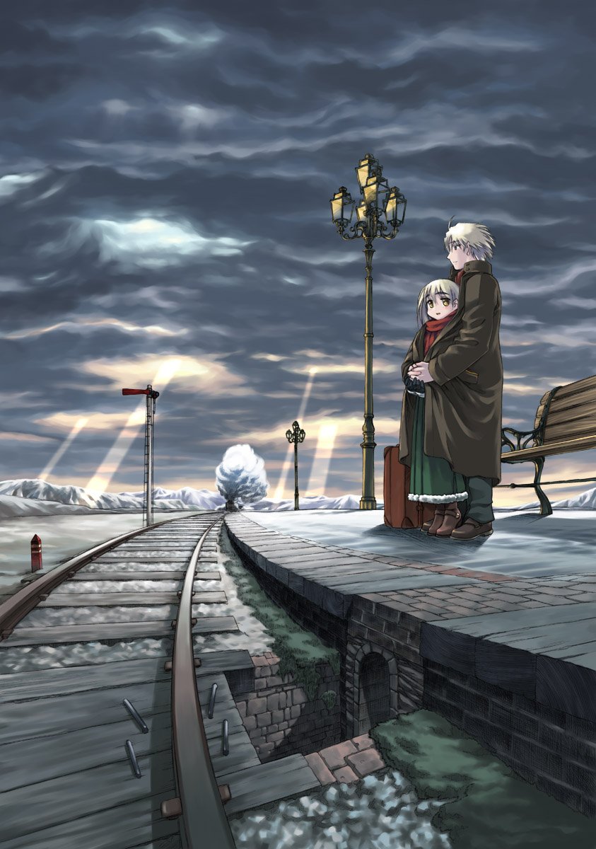 nakamura tetsuya, ema (seven-bridge), kuu klein, seven-bridge, bad id, bad pixiv id, highres, 1boy, 1girl, cloud, couple, height difference, hetero, hug, lamp, locomotive, nakamura testsuya, scarf, shared clothes, shared coat, size difference, steam locomotive, train