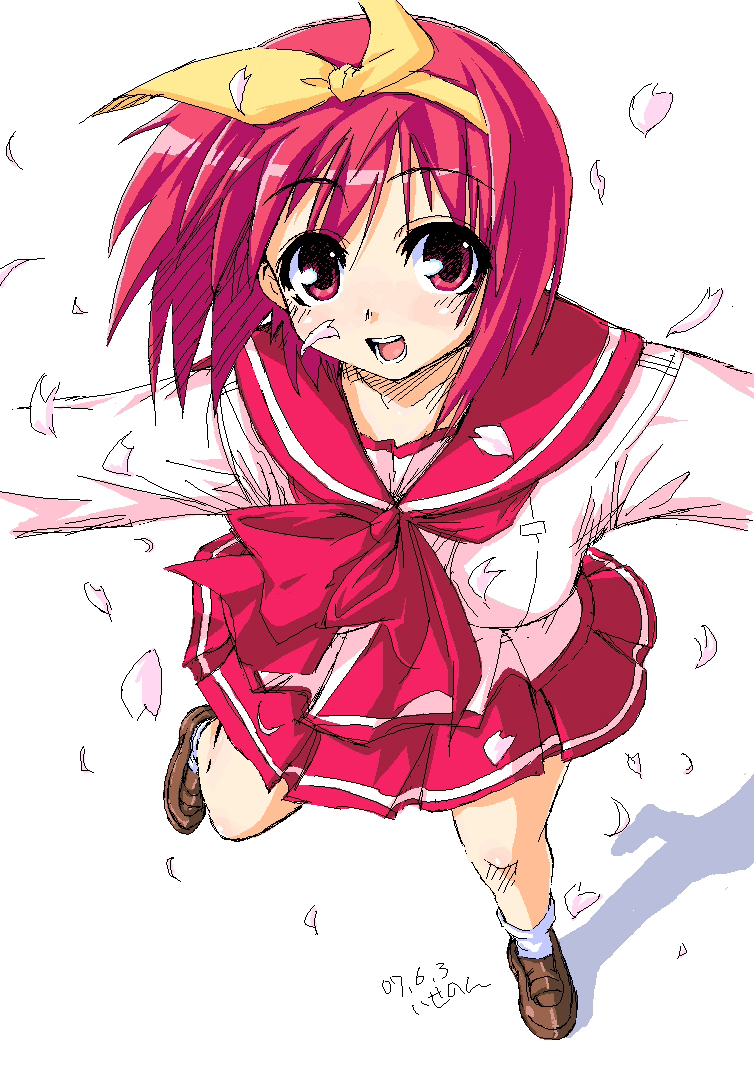 iseno yajin, kamigishi akari, to heart, to heart (series), 1girl, bow, cherry blossoms, female focus, oekaki, open mouth, outstretched arms, petals, red eyes, red hair, ribbon, school uniform, serafuku, short hair, smile, solo, spread arms, yellow bow