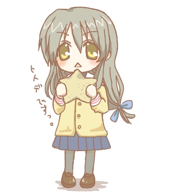 bunsai, ibuki fuuko, clannad, bad id, bad pixiv id, lowres, translated, 00s, 1girl, chibi, female focus, long hair, low-tied long hair, pantyhose, ribbon, school uniform, serafuku, solo, starfish, text focus