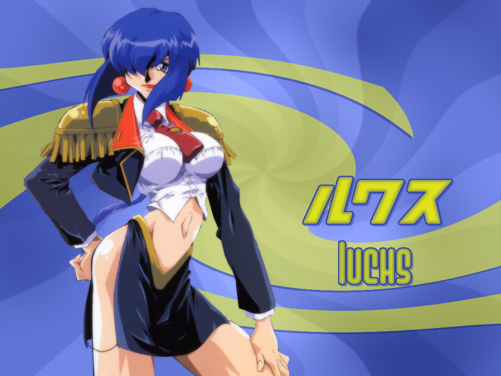 shimamura hidekazu, luchs, saber marionette j, uniform, 1990s (style), 1girl, blue background, blue eyes, blue hair, character name, earrings, female focus, hair over one eye, jewelry, lipstick, makeup, matching hair/eyes, midriff, necktie, retro artstyle, short hair, skirt, solo, thigh gap, thighs