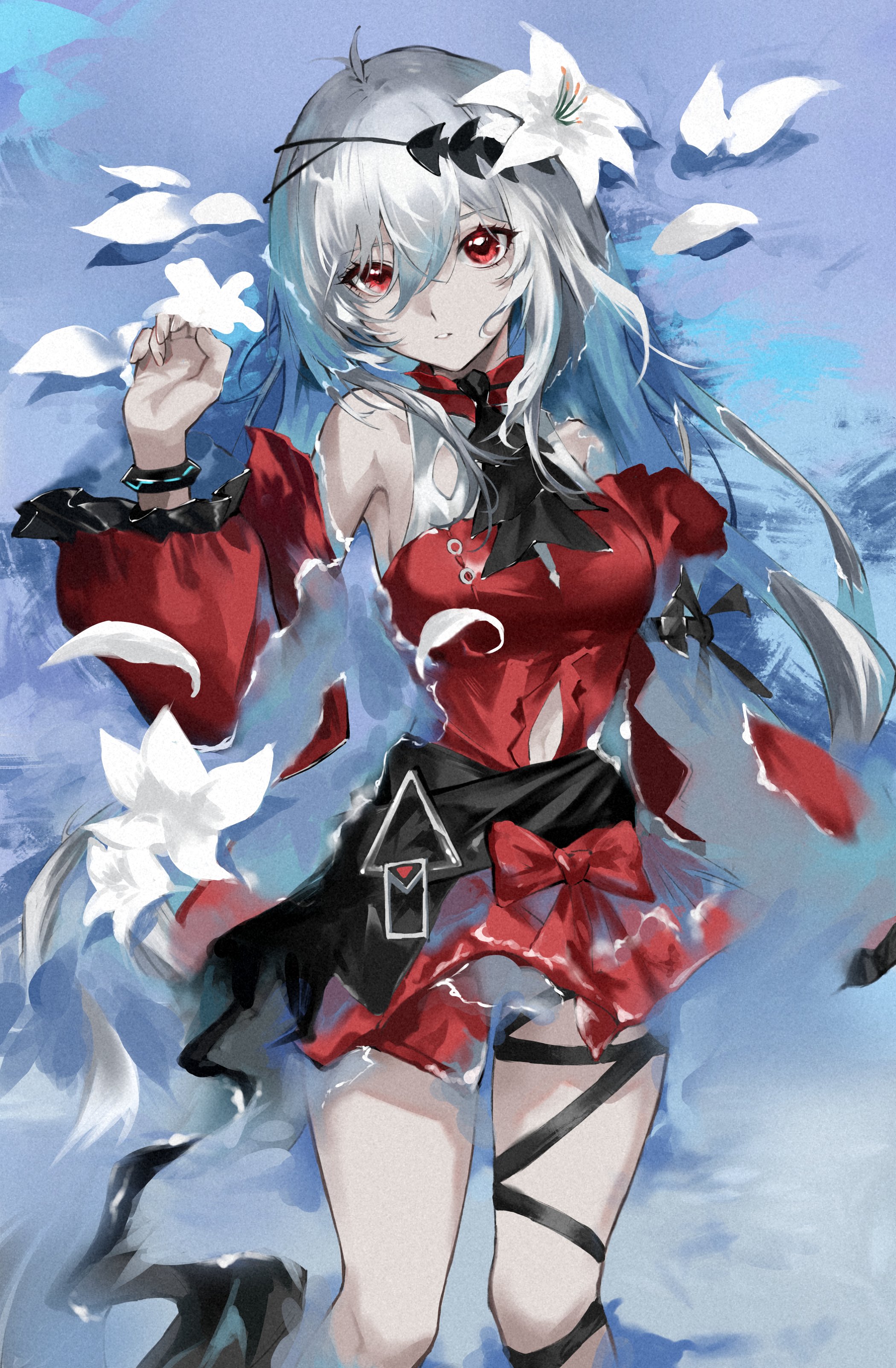 s 4ik4, skadi (arknights), skadi the corrupting heart (arknights), arknights, absurdres, highres, 1girl, angelfish, armpits, ascot, bare shoulders, black ascot, bow, breasts, clothing cutout, convenient censoring, cowboy shot, detached sleeves, dress, fish, flower, grey hair, hair between eyes, hair flower, hair ornament, hair ribbon, leg ribbon, long hair, long sleeves, looking at viewer, lying, medium breasts, navel cutout, no gloves, no headwear, off-shoulder dress, off shoulder, official alternate costume, parted lips, partially submerged, red dress, red eyes, red sleeves, ribbon, solo, teeth, tropical fish, very long hair, water, white flower