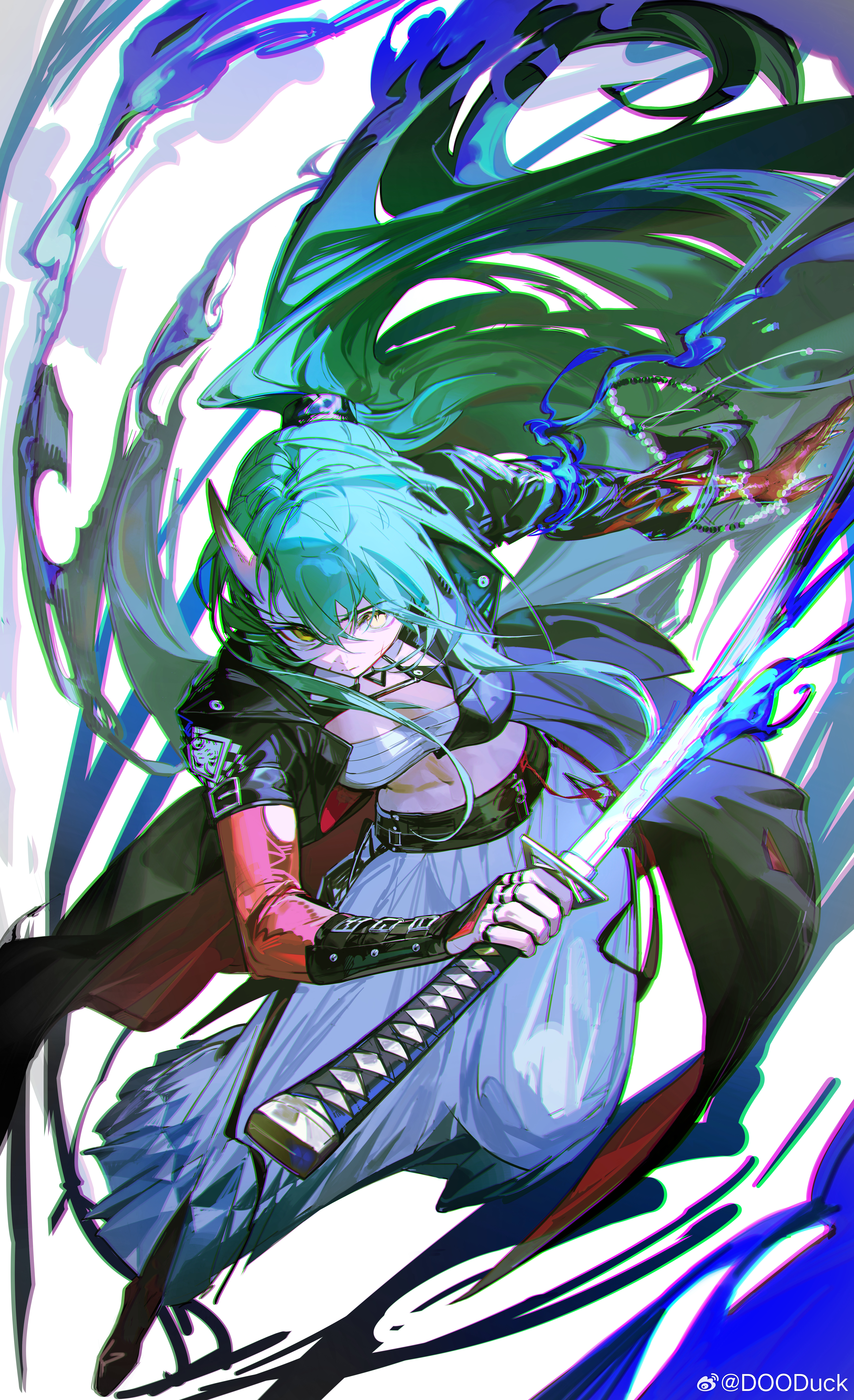 dooduck, hoshiguma (arknights), hoshiguma (ronin huntress) (arknights), arknights, absurdres, commentary request, highres, 1girl, black jacket, breasts, chest sarashi, chromatic aberration, closed mouth, colored extremities, cropped jacket, fighting stance, green hair, hakama, hakama skirt, holding, holding sword, holding weapon, horns, jacket, japanese clothes, jewelry, katana, long hair, medium breasts, multiple rings, navel, open clothes, open jacket, ponytail, red skirt, ring, sarashi, single horn, skin-covered horns, skirt, solo, sword, very long hair, watermark, weapon, weibo watermark, white hakama, yellow eyes