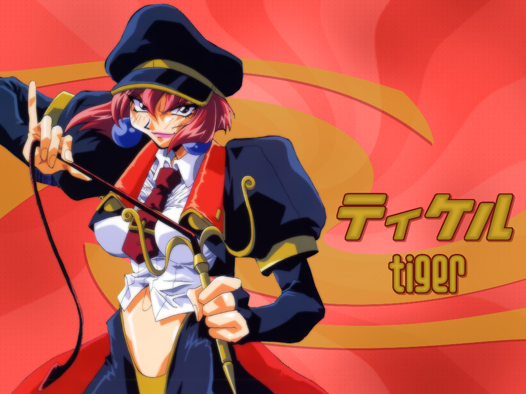 shimamura hidekazu, tiger (saber j), saber marionette j, uniform, 1990s (style), 1girl, angry, character name, earrings, female focus, hat, jewelry, midriff, necktie, red background, red hair, retro artstyle, short hair, solo, whip