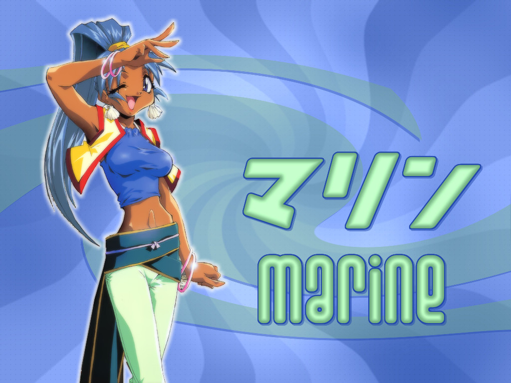 shimamura hidekazu, marine (saber j), saber marionette j, 1990s (style), 1girl, armpits, blue background, blue eyes, blue hair, bracelet, character name, dark-skinned female, dark skin, female focus, jewelry, long hair, matching hair/eyes, midriff, one eye closed, ponytail, retro artstyle, sleeveless, smile, solo, vest, wink