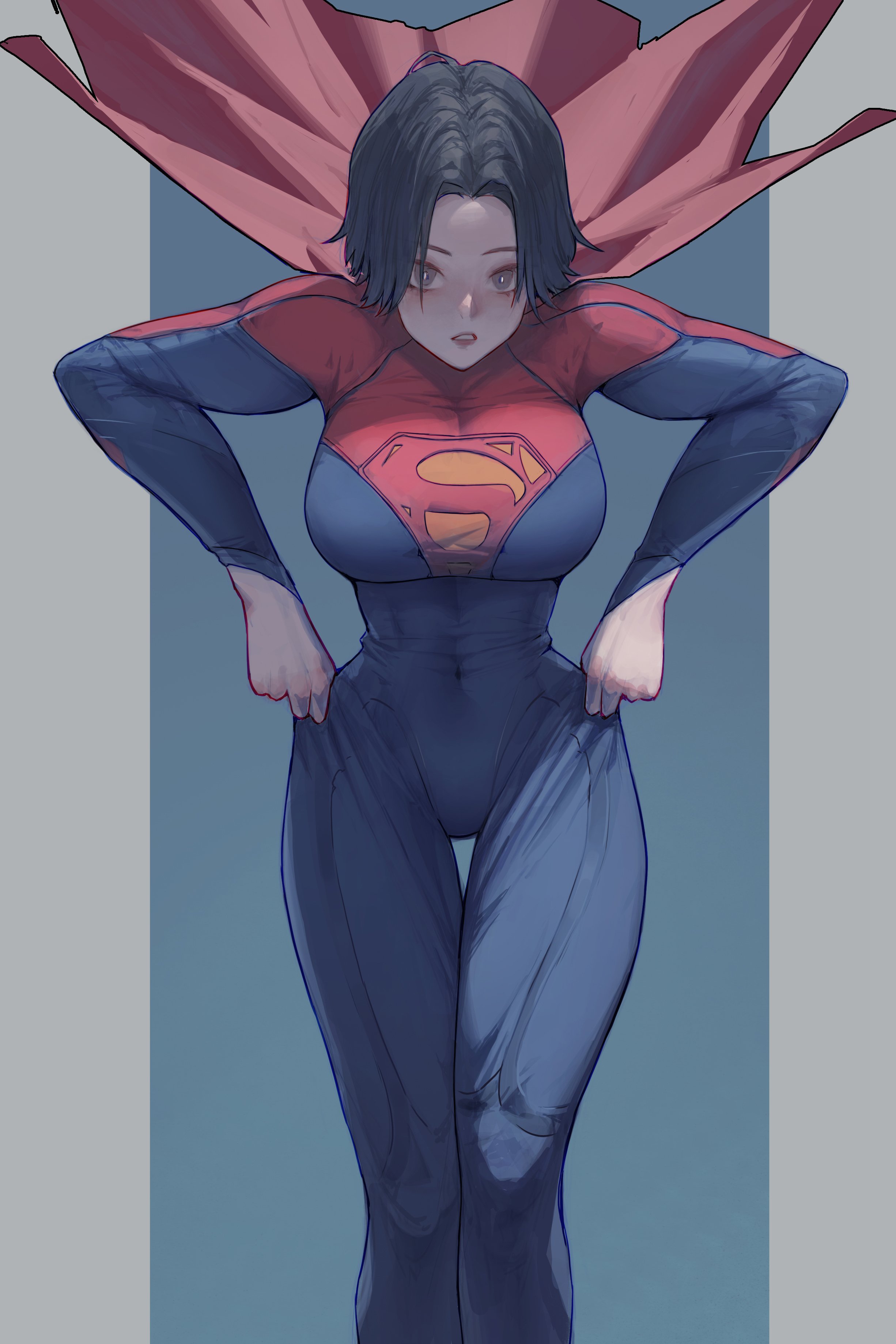 supergirl, dc comics, superman (series), absurdres, commentary, english commentary, highres, 1girl, black eyes, black hair, bodysuit, cape, clozzy01, covered navel, parted lips, red cape, solo, superman logo