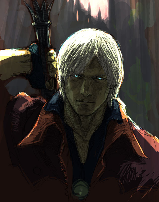 tsuchibayashi makoto, dante (devil may cry), rebellion (sword), capcom, devil may cry (series), devil may cry 4, official art, 00s, 1boy, male focus, solo, sword, weapon, white hair
