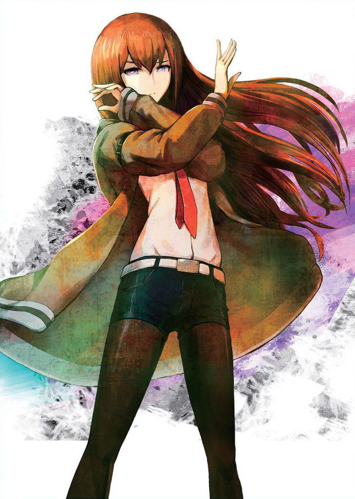 huke, makise kurisu, science adventure, steins;gate, steins;gate 0, cropped, official art, 1girl, arm belt, belt, black pantyhose, black shorts, breasts, brown hair, brown jacket, collared shirt, covered groin, hair between eyes, hair over shoulder, jacket, jacket partially removed, leather belt, leather shorts, long hair, looking at viewer, necktie, outstretched crossed arms, pantyhose, purple eyes, red necktie, ringed eyes, serious, shirt, short shorts, shorts, small breasts, solo, standing, white belt, white shirt