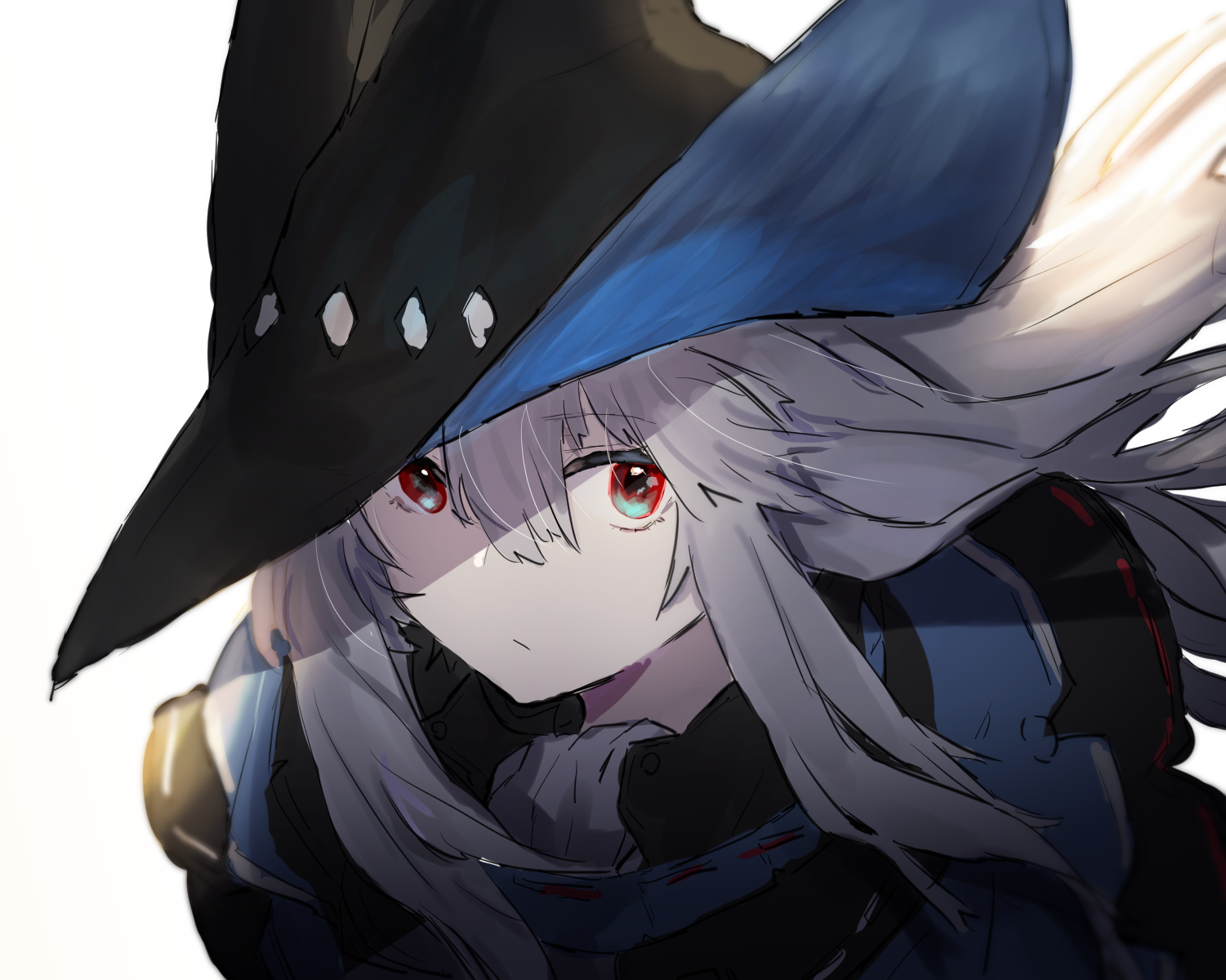 horn/wood, skadi (arknights), arknights, highres, 1girl, aqua hat, ascot, black hat, closed mouth, floating hair, glowing, grey ascot, grey hair, hair between eyes, hat, long hair, looking at viewer, portrait, red eyes, shirt, simple background, solo, very long hair, white background