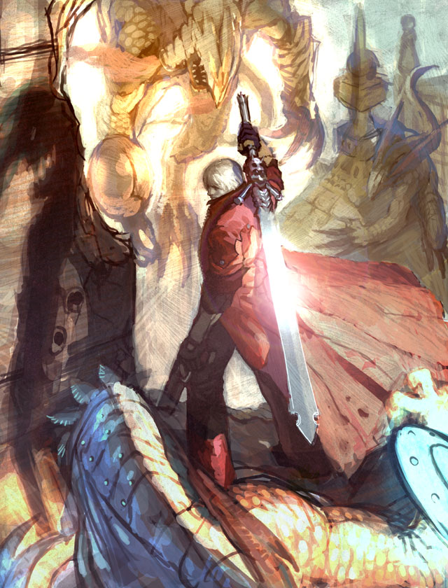 tsuchibayashi makoto, dante (devil may cry), rebellion (sword), capcom, devil may cry (series), devil may cry 4, 00s, 1boy, gun, male focus, solo, sword, weapon, white hair