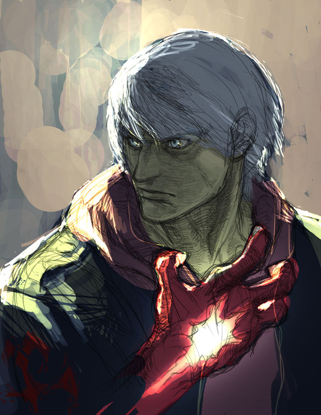 tsuchibayashi makoto, nero (devil may cry), capcom, devil may cry (series), devil may cry 4, 00s, 1boy, blue eyes, devil bringer, male focus, solo, white hair