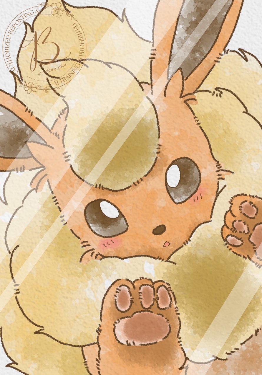 baya (sakura mint), flareon, nintendo, pokemon, highres, against glass, animal focus, blush, fluffy, gen 1 pokemon, glass, looking at viewer, neck fur, no humans, orange fur, parted lips, pawpads, pokemon (creature), pokemon focus, yellow fur
