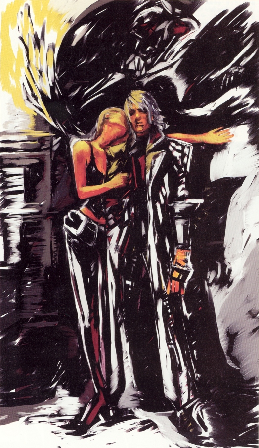 tsuchibayashi makoto, dante (devil may cry), trish (devil may cry), capcom, devil may cry (series), 00s, 1boy, 1girl, blonde hair, breasts, brown hair, cleavage, collarbone, couple, full body, large breasts, looking at viewer, pants, short hair, sleeveless, standing, tank top, white hair