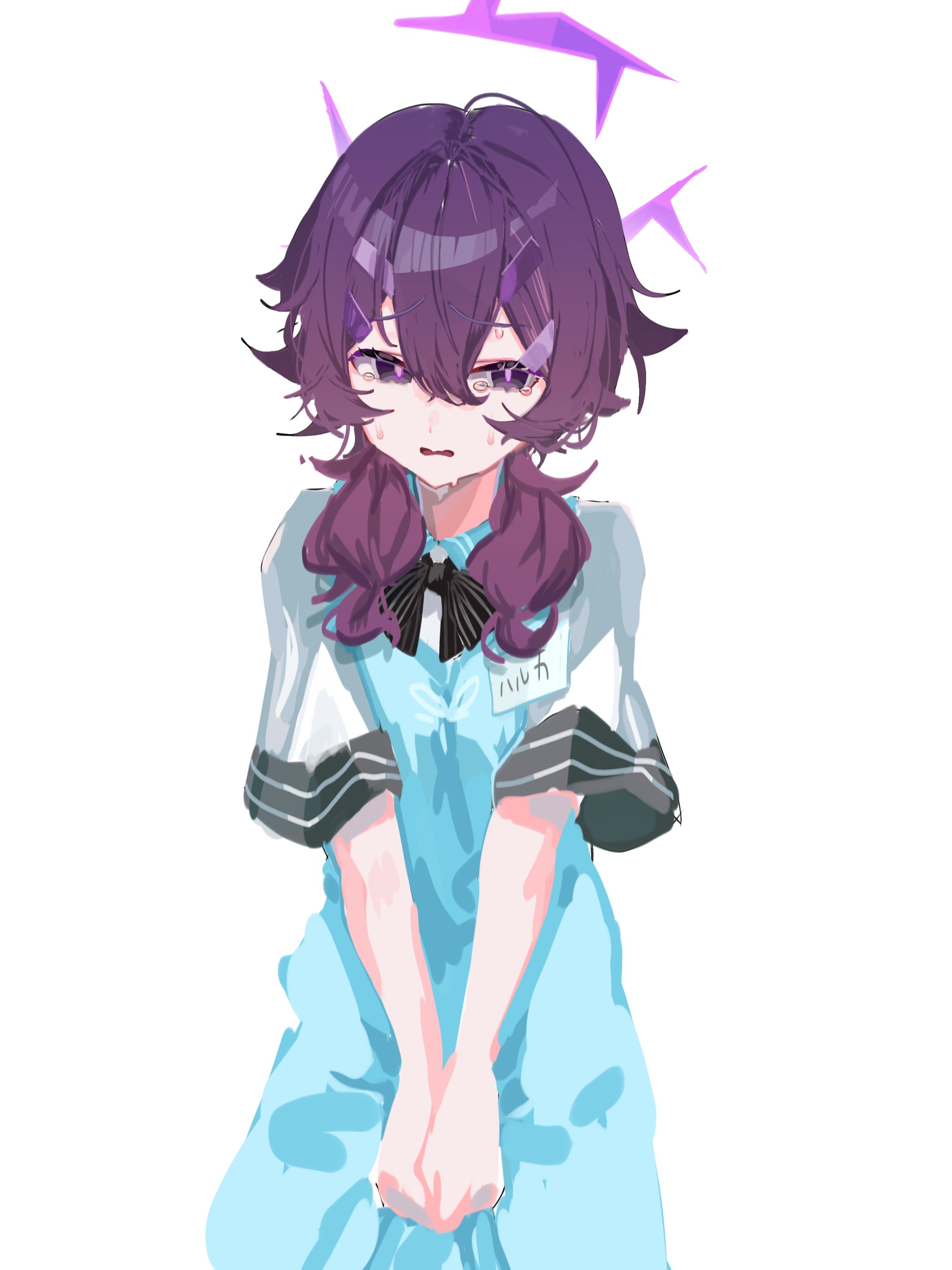 haruka (blue archive), blue archive, absurdres, commentary request, highres, translation request, 1girl, angel's 24 uniform (blue archive), apron, blue apron, character name, hair between eyes, hair ornament, hairclip, halo, long hair, looking at viewer, name tag, purple eyes, purple hair, purple halo, short sleeves, simple background, solo, sweat, tearing up, terudayo0513, white background