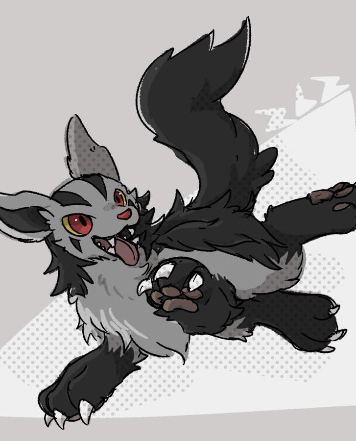 qaquro, mightyena, nintendo, pokemon, animal focus, black fur, claws, colored sclera, fangs, gen 3 pokemon, grey fur, open mouth, pokemon (creature), pokemon focus, red eyes, smile, tongue, tongue out, wolf, yellow eyes, yellow sclera
