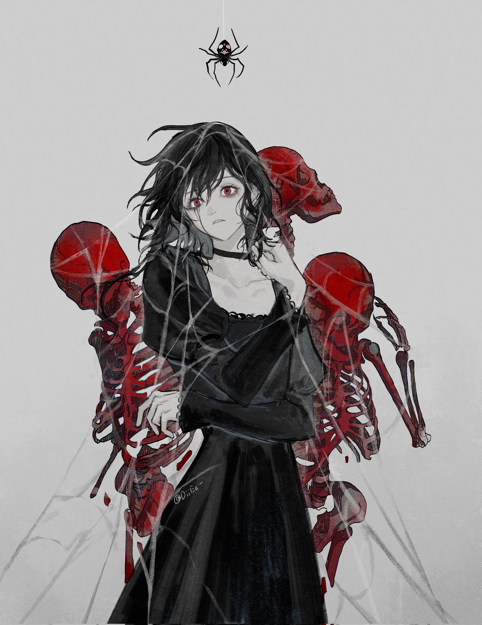 carriann000, original, highres, 1girl, blood, bloody tears, flower, long hair, looking at viewer, neck ribbon, pale skin, puffy sleeves, red eyes, ribbon, silk, simple background, skeleton, skirt, smile, solo, spider lily, spider web, white background