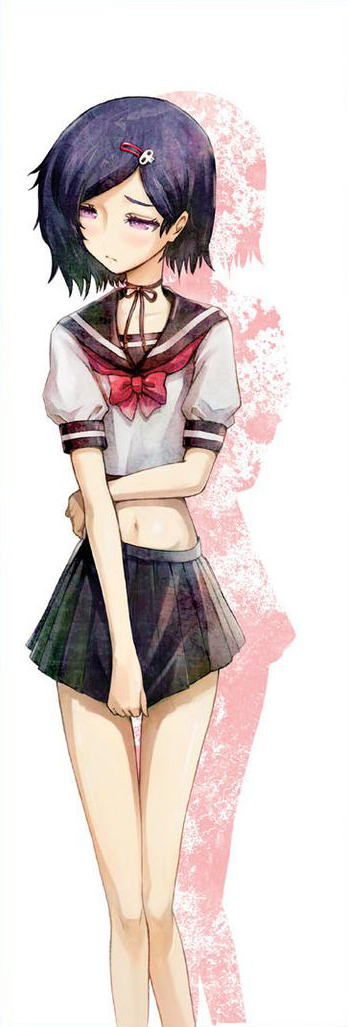 huke, urushibara luka, science adventure, steins;gate, steins;gate 0, cropped, official art, 1boy, black sailor collar, black skirt, blush, bob cut, chest bow, collarbone, covering privates, crossdressing, crossdressing (mtf), embarrassed, flat chest, groin, hair ornament, light frown, looking to the side, midriff, miniskirt, navel, pleated skirt, puffy short sleeves, puffy sleeves, pulling own clothes, purple eyes, sailor collar, school uniform, serafuku, shiny skin, shirt, short hair, short sleeves, skirt, skull hair ornament, solo, thighs, trap, white shirt