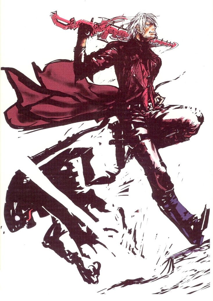 tsuchibayashi makoto, dante (devil may cry), capcom, devil may cry (series), devil may cry 1, scan, 00s, 1boy, male focus, sketch, solo, white hair