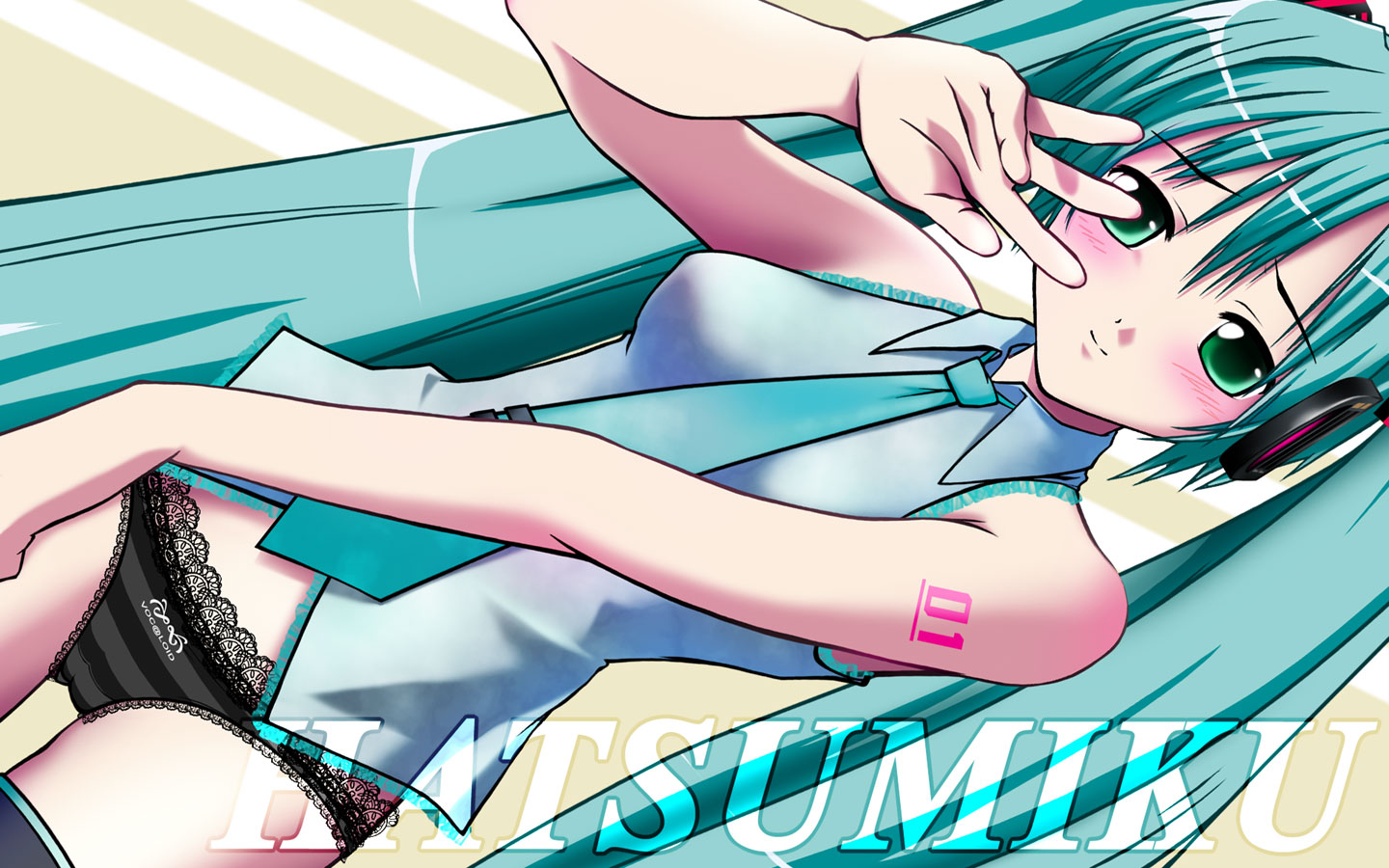 akinbo (hyouka fuyou), hatsune miku, vocaloid, 1girl, blue hair, blush, female focus, green eyes, lingerie, long hair, necktie, no pants, panties, solo, thigh gap, thighhighs, thighs, twintails, underwear, very long hair