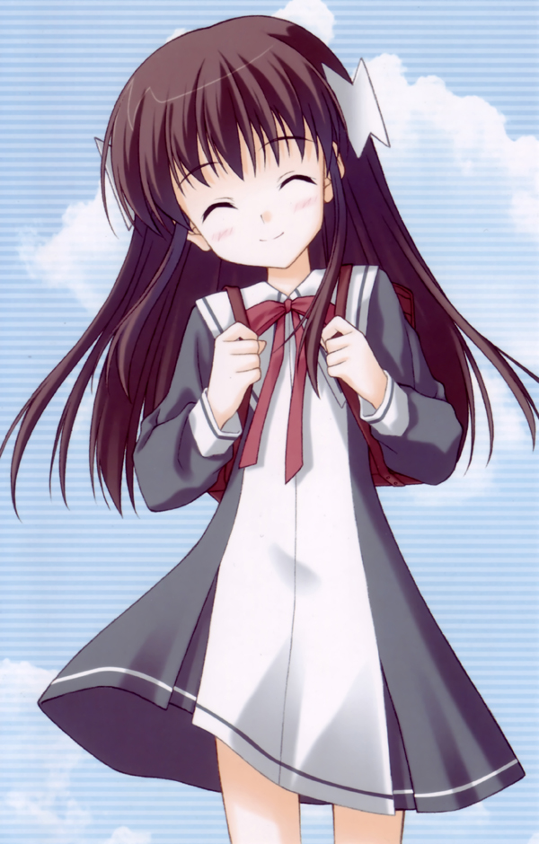 nanao naru, ishizuki koyori, sola, 00s, backpack, bag, blush, closed eyes, long hair, randoseru, sky, smile, solo