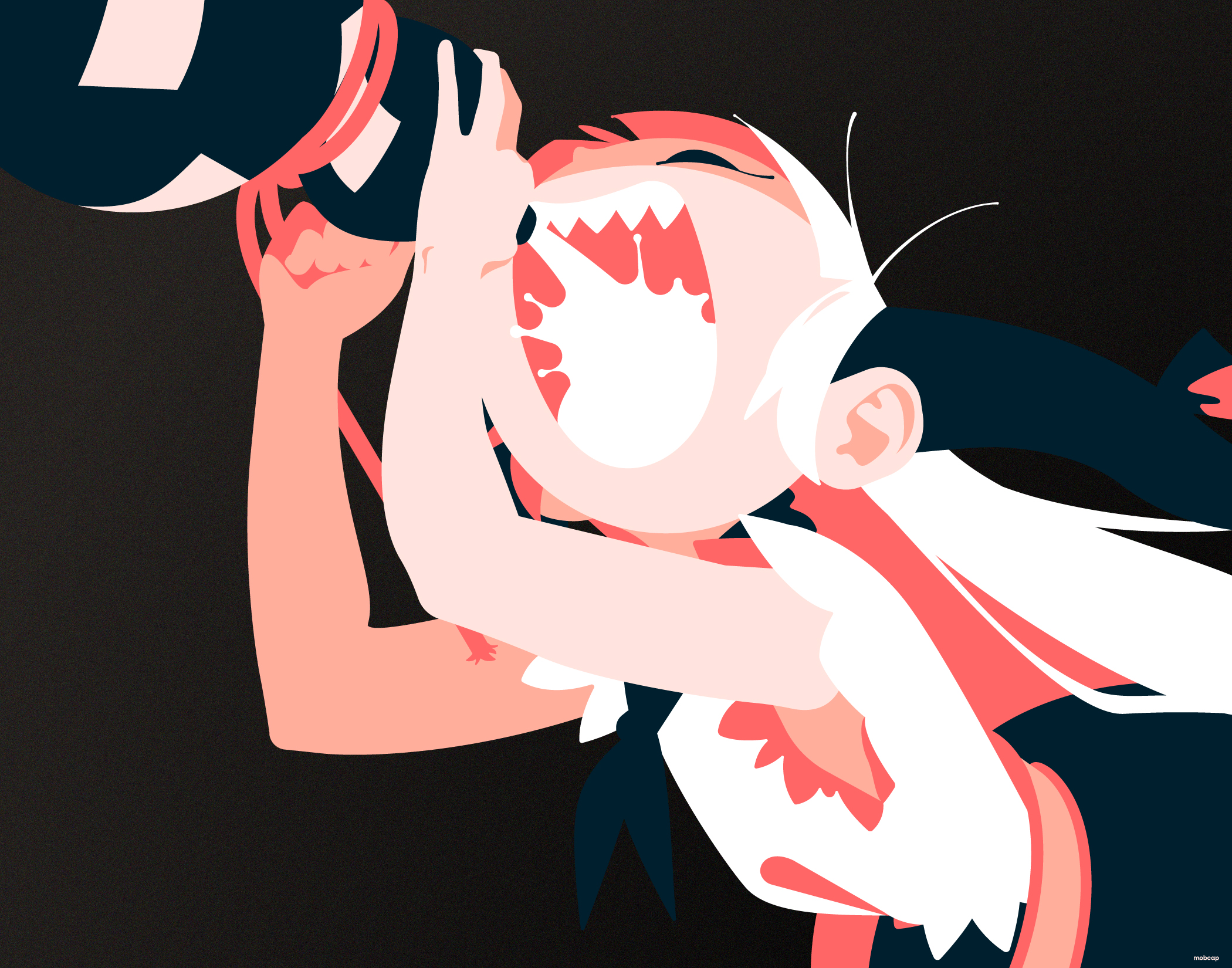 mobcap, ibuki suika, touhou, highres, 1girl, alcohol, artist name, black background, closed eyes, drinking, flat color, gourd, horns, long hair, minimalism, open mouth, sake, sharp teeth, shirt, solo, teeth, torn clothes, torn shirt, torn sleeves, upper body