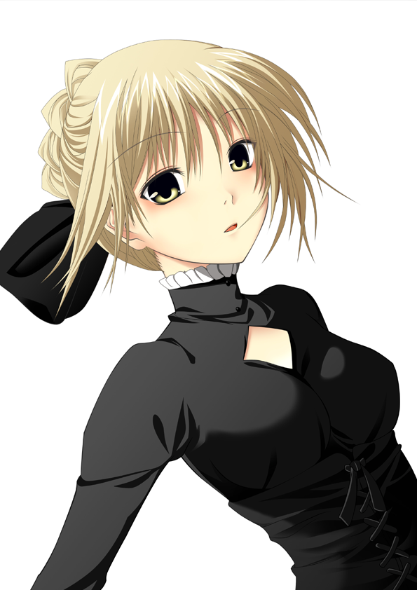 anii, spiral ladder, artoria pendragon (fate), saber (fate), saber alter, saber alter (gothic lolita), fate/stay night, fate (series), 00s, 1girl, blonde hair, female focus, gothic lolita, lolita fashion, official alternate costume, solo, turtleneck, yellow eyes