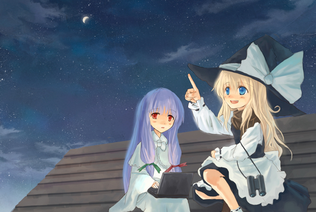 tes (unpre), kirisame marisa, patchouli knowledge, touhou, 2girls, binoculars, blonde hair, blue eyes, computer, crescent moon, female focus, hat, laptop, moon, multiple girls, night, night sky, no headwear, outdoors, pointing, pointing up, purple hair, rooftop, sitting, sky, star (sky), starry sky, witch hat
