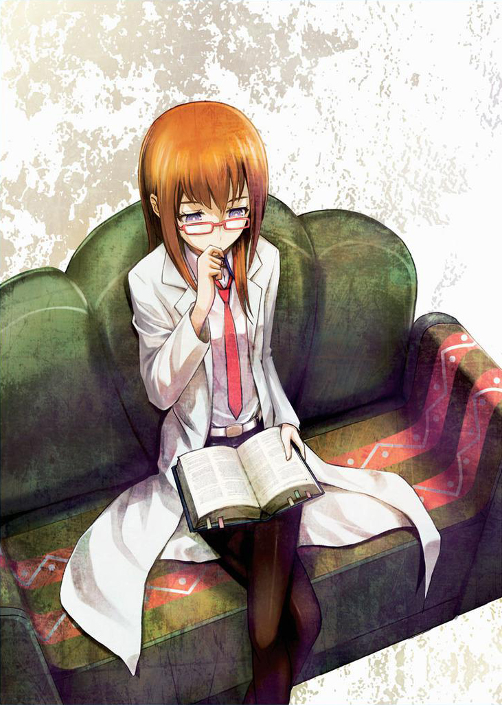huke, makise kurisu, science adventure, steins;gate, steins;gate 0, cropped, official art, 1girl, belt, belt buckle, black pantyhose, book, breasts, buckle, couch, crossed legs, dress shirt, fingernails, from above, glasses, hair between eyes, hair over shoulder, holding, holding book, lab coat, lapels, leather shorts, necktie, notched lapels, on couch, pantyhose, reading, red-framed eyewear, red necktie, shiny clothes, shiny legwear, shirt, short shorts, shorts, sitting, small breasts, solo, thinking, white belt, white shirt