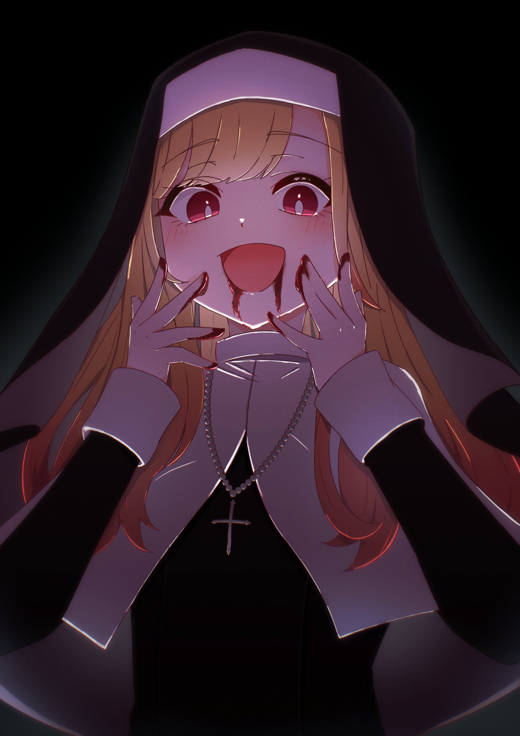 fuyuka natsuki, kitagawa marin, sono bisque doll wa koi wo suru, highres, 1girl, black background, black dress, blonde hair, blood, blood from mouth, blood on hands, blush, dress, jewelry, long hair, nun, pendant, red eyes, simple background, solo, upper body