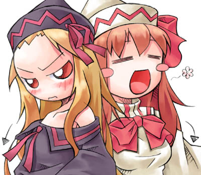 nyagakiya, lily black, lily white, touhou, jpeg artifacts, lowres, 2girls, :d, = =, bare shoulders, blush, chibi, dual persona, female focus, forehead, frown, hat, long hair, multiple girls, off shoulder, open mouth, orange hair, red eyes, smile
