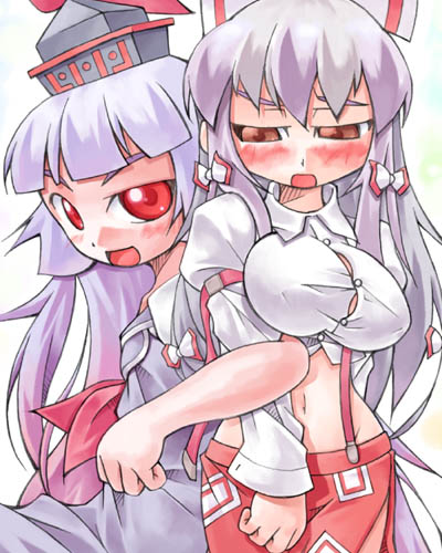 nyagakiya, fujiwara no mokou, kamishirasawa keine, touhou, lowres, 2girls, blush, breasts, cosplay, costume switch, female focus, hat, multiple girls, navel, simple background, white background