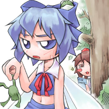 nyagakiya, cirno, shameimaru aya, touhou, lowres, 2girls, adapted costume, blouse, chibi, female focus, hat, multiple girls, navel, shirt, sleeveless, sleeveless shirt