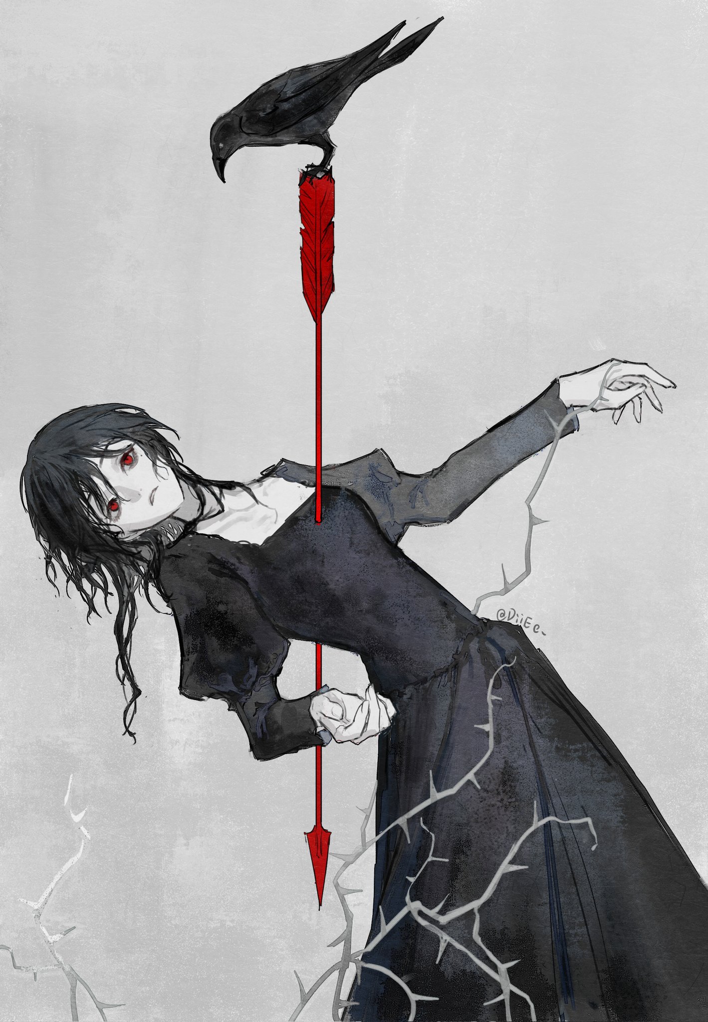 carriann000, original, highres, 1girl, arrow (projectile), artist name, bird, black dress, black hair, crow, dress, long hair, long sleeves, looking at viewer, pale skin, red eyes, skirt, solo, thorns