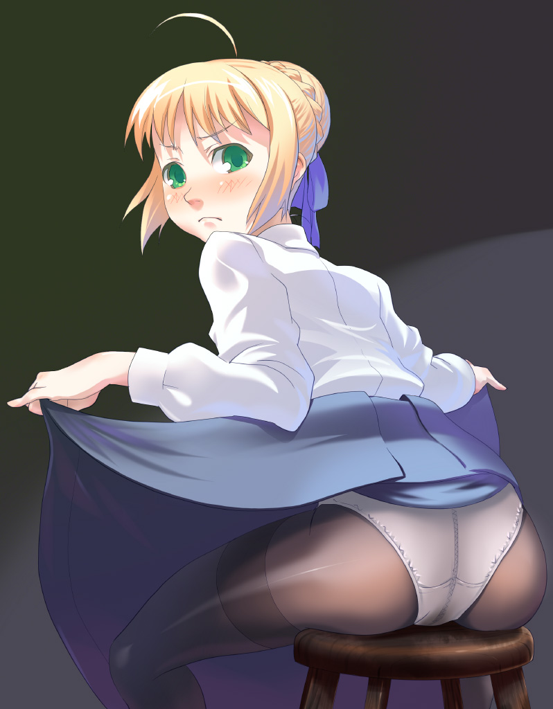 sakenotorii, artoria pendragon (fate), saber (fate), fate/stay night, fate (series), 00s, 1girl, ahoge, ass, black pantyhose, blonde hair, blouse, blush, clothes lift, crotch seam, female focus, green eyes, panties, panties under pantyhose, pantyhose, pantyshot, shirt, sitting, skirt, skirt lift, solo, thighband pantyhose, underwear, upskirt