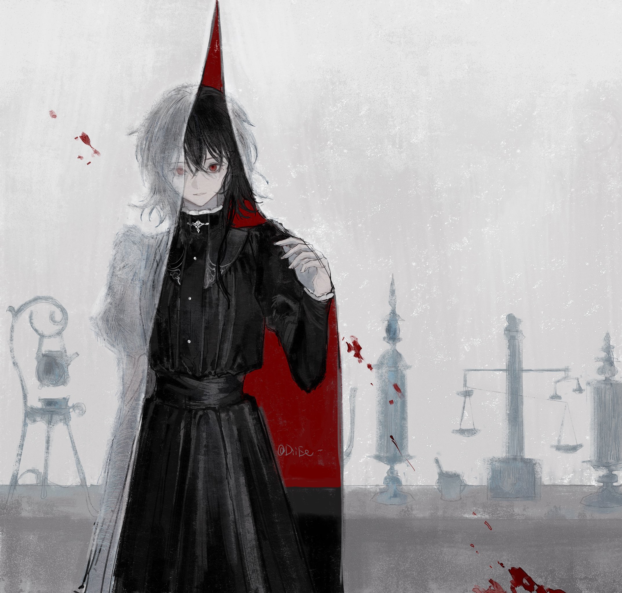 carriann000, original, highres, 1girl, artist name, balance scale, black dress, black hair, blood, curtains, dress, frilled dress, frills, long hair, pale skin, puffy sleeves, red eyes, skirt, solo, weighing scale