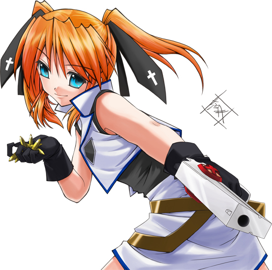 sogobaga, cross mirage, teana lanster, lyrical nanoha, mahou shoujo lyrical nanoha, mahou shoujo lyrical nanoha strikers, 00s, 1girl, blue eyes, cartridge, female focus, gun, red hair, solo, twintails, weapon