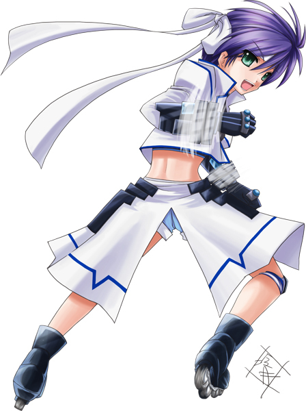 sogobaga, revolver knuckle, subaru nakajima, lyrical nanoha, mahou shoujo lyrical nanoha, mahou shoujo lyrical nanoha strikers, 00s, blue hair, green eyes, inline skates, roller skates, short hair, skates, solo