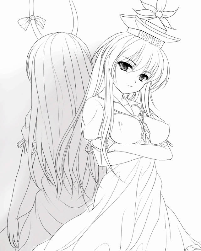 uni8, ex-keine, kamishirasawa keine, touhou, 2girls, back-to-back, breasts, dress, dual persona, female focus, greyscale, hat, horn ornament, horn ribbon, horns, large breasts, long hair, monochrome, multiple girls, ribbon, white background