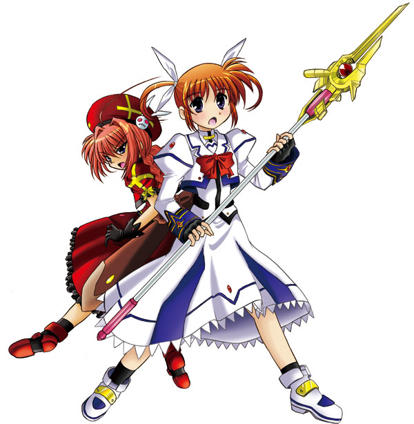 raising heart, takamachi nanoha, vita (nanoha), lyrical nanoha, mahou shoujo lyrical nanoha, mahou shoujo lyrical nanoha a's, 00s, 2girls, back-to-back, blue eyes, bow, braid, brown hair, dress, fingerless gloves, gloves, hat, magazine (weapon), magical girl, multiple girls, purple eyes, red bow, red hair, twin braids, twintails