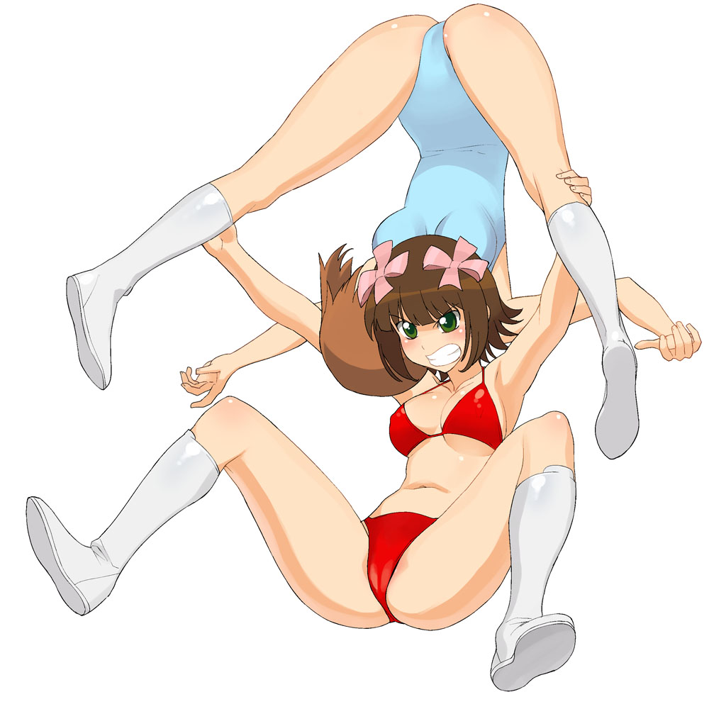a1 (initial-g), amami haruka, hagiwara yukiho, idolmaster, idolmaster (classic), idolmaster 1, 00s, 2girls, angry, bikini, blush, boots, breasts, brown hair, cleavage, clenched teeth, green eyes, hair ribbon, kinniku buster, knee boots, legs over head, midriff, multiple girls, one-piece swimsuit, ribbon, scowl, short hair, simple background, small breasts, snarl, spread legs, suplex, swimsuit, teeth, wrestling