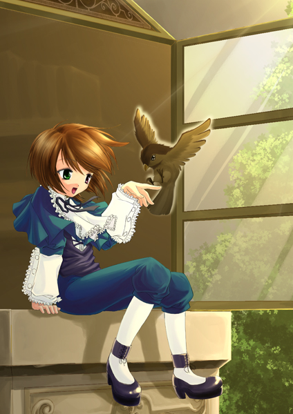 sogobaga, souseiseki, rozen maiden, 00s, 1girl, bird, female focus, heterochromia, pantyhose, solo, white pantyhose