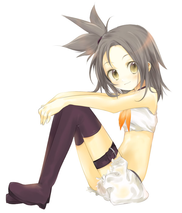 bear (artist), original, 1girl, bare arms, bare shoulders, boots, brown eyes, crop top, female focus, grey hair, hair ornament, loli, looking to the side, midriff, simple background, sitting, solo, thigh boots, thigh strap, thighhighs, white background, yellow eyes